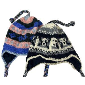 Lot of 2 Hand-Knit Wool Earflap Hats Unisex Winter Beanies Geometric Nepal